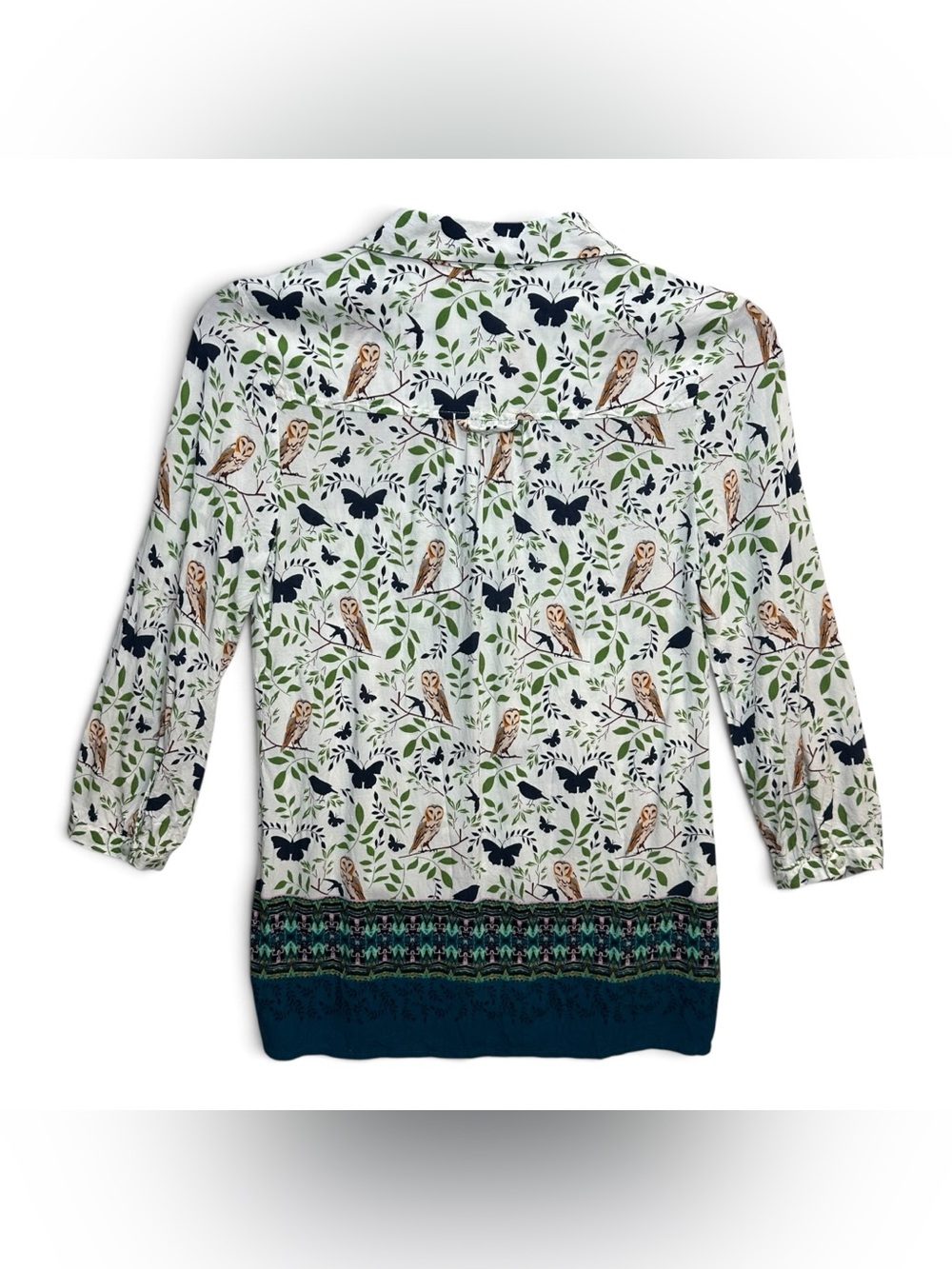 Maeve Anthropologie Owl Bird Butterfly Print Button Front Blouse Tunic Size 0 - Picture 3 of 10